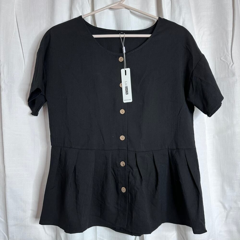 LAISHEN NWT Woman's Black Short Sleeve Button Down Peplum Blouse Size Small
